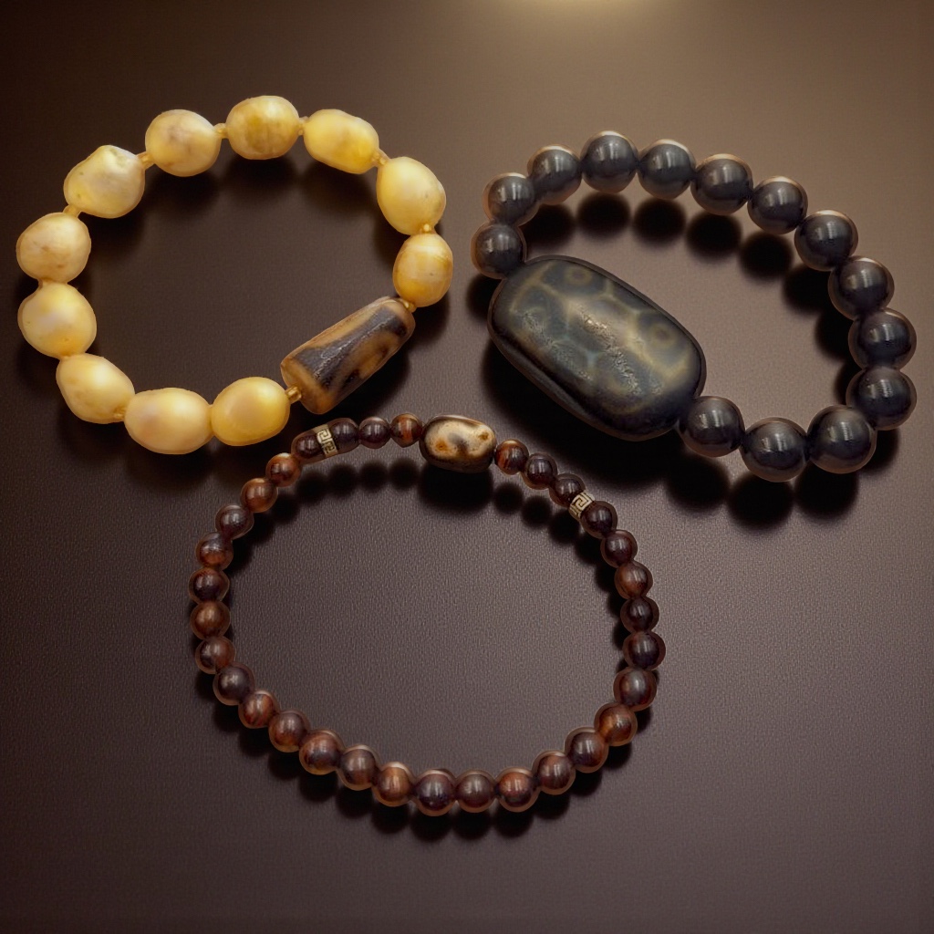 Three Dzi-bead bracelets on dark leather